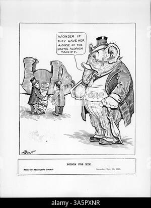Der Cartoon mit dem Titel „Poison for HIM“ zeigt einen politischen Kommentar über den republikanischen Elefanten, der auf den Payne-Aldrich-Tarif und seine Auswirkungen auf die Wahlen 1910 verweist, nachdem ein Schurkenelefant namens Zigeunerkönigin vergiftet wurde. Stockfoto
