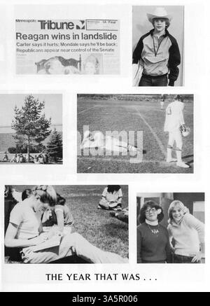 Das Jahrbuch 1981 von Minnetonka East Jr. High bietet eine Momentaufnahme des Schülerlebens, einschließlich akademischer Aktivitäten, sportlicher Veranstaltungen und verschiedener Schulclubs. Stockfoto