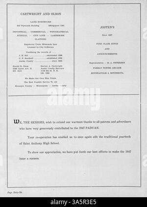 Das paduanische Jahrbuch 1947 der St. Anthony High School zeichnet Schüler, Lehrer, Leichtathletik, Vereine und Schlüsselveranstaltungen des Schuljahres 1946-1947 auf. Stockfoto