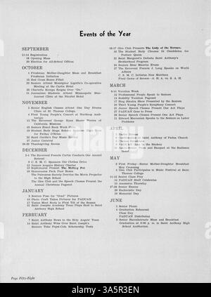 Im Paduanischen Jahrbuch der St. Anthony High School, 1947, sind die Schüler, Lehrer, Leichtathletik, Clubs und Veranstaltungen aus dem Schuljahr 1946-1947. Stockfoto