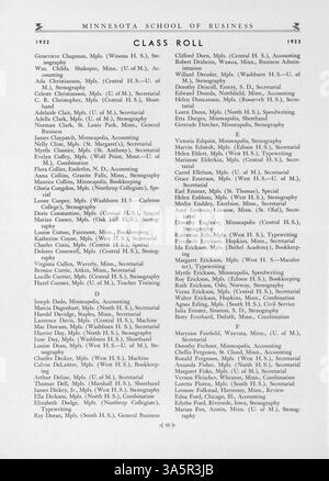 In diesem Jahrbuch 1933 der Minnesota School of Business sind die wichtigsten Zahlen, Ereignisse und Aktivitäten des Schuljahres 1932-1933 dokumentiert. Stockfoto