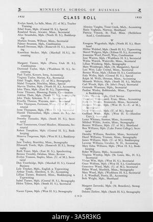Das Jahrbuch 1933 von Minnesota School of Business zeigt die Studenten, Lehrkräfte und bedeutenden Veranstaltungen des akademischen Jahres 1932-1933. Stockfoto