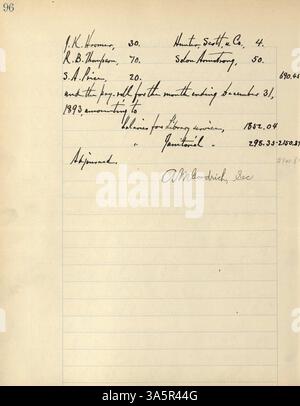 Diese Protokolle des Minneapolis Public Library Board von 1893 dokumentieren wichtige Entscheidungen über die Entwicklung von Bibliotheksdiensten und -Governance. Stockfoto