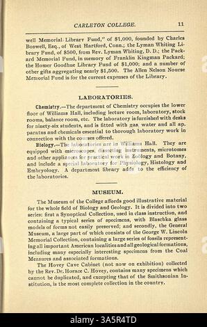 Dieser akademische Katalog des Carleton College für 1900-1901 enthält eine Auflistung der Kurse, der Einschreibung von Studierenden, der Fakultät und der Treuhänder sowie Details über den historischen Hintergrund und die Zulassungsvoraussetzungen der Einrichtung. Stockfoto