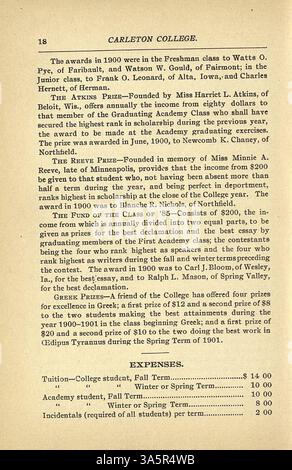Dieser Katalog des Carleton College 1900-1901 beschreibt die Kurse, die Studierendenschaft, die Fakultät, Treuhänder und Alumni der Institution, sowie Zulassungskriterien, Ehrendokumenten und Abteilungsbeschreibungen. Stockfoto