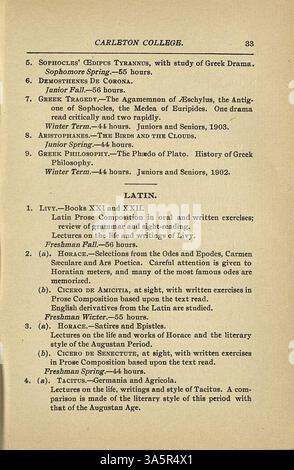 Der Katalog des Carleton College 1900-1901 enthält akademische Kurse, Studierende und Alumni-Aufzeichnungen, Details zu Dozenten und Treuhändern, Beschreibungen der Abteilungen, historische Hintergründe und Zulassungsrichtlinien. Stockfoto
