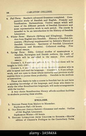 Der Carleton College-Katalog 1900-1901 enthält Auflistungen zu akademischen Kursen, Studentenunterlagen, Dozenten- und Treuhänderinformationen, historischen Kontext, Zulassungsrichtlinien und Abteilungsbeschreibungen. Stockfoto