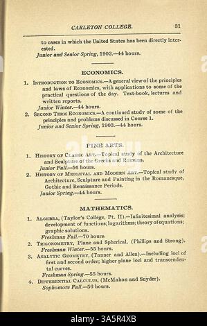 Der Katalog des Carleton College 1900-1901 enthält eine detaillierte Auflistung von Kursen, Alumni, Dozenten, Treuhändern, historischen Informationen, Zulassungsvoraussetzungen, Abteilungsbeschreibungen und ein Kollegialkalender. Stockfoto