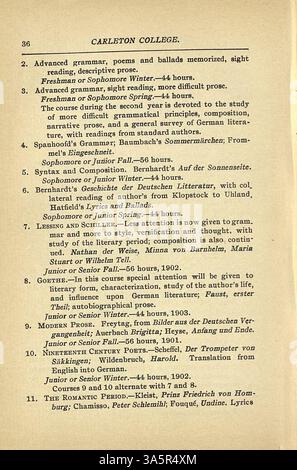 Dieser Katalog 1900-1901 vom Carleton College enthält akademische Kurse, Namen von Fakultäten und Treuhändern, historische Details, Zulassungsinformationen, Abteilungszusammenfassungen und Alumni-Aufzeichnungen. Stockfoto