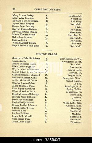 Dieser Katalog vom Carleton College (1900-1901) enthält eine detaillierte Aufzeichnung von Kursen, Dozenten, Studenten, Abteilungsangeboten, Zulassungsvoraussetzungen, und den historischen Kontext der Institution. Stockfoto