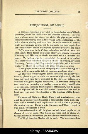 Der Carleton College-Katalog 1900-1901 enthält Informationen zu akademischen Programmen, Fakultäten, Einschreibungen von Studierenden und Angeboten für die Abteilung sowie eine historische Skizze, einen Kalender und Zulassungsrichtlinien. Stockfoto