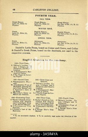 Der Katalog 1900-1901 für das Carleton College bietet einen vollständigen Überblick über akademische Angebote, Listen von Lehrkräften und Treuhändern sowie historische und studentische Informationen. Stockfoto