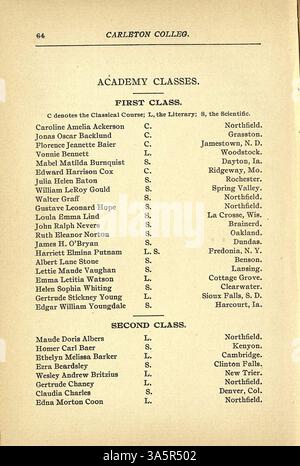 Der Katalog des Carleton College 1900-1901 enthält umfassende Details zu akademischen Programmen, Einschreibung von Studierenden, Abteilungsstrukturen, Listen von Fakultäten und institutioneller Geschichte. Stockfoto