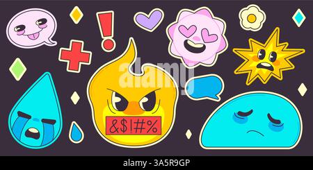 Schrullige Retro-Sticker Vektor-Set im y2k-Stil - Formen und Emoticons mit Gesichtsausdrücken. Wütende Feuerfigur mit zensiertem Schwörwort, weinender Regentropfen, grinsende Sprechblase, in Liebesblume. Stock Vektor