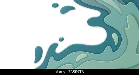 Mehrschichtige, wellige Papercut-Topographie-Illustration in Blau- und Türkis-Mintgrün-Farben. Abstraktes Hintergrunddesign mit 3D-Effekt, von der Natur inspirierte, fließende Formen auf hellem Hintergrund. Stock Vektor