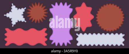 Rahmen in Muschelform – dekorative, wellige Borten auf dunklem Hintergrund. Geschwungene Zick-Zack-Kanten, farbenfrohe Umrisse für Etiketten, Etiketten, Banner. Gewellte Vintage-Grafikelemente. Stock Vektor