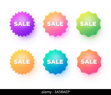 Aufkleber mit Sonderangebot. Farbenfrohe Starburst- oder Sunburst-Emblem mit Farbverlauf Stock Vektor