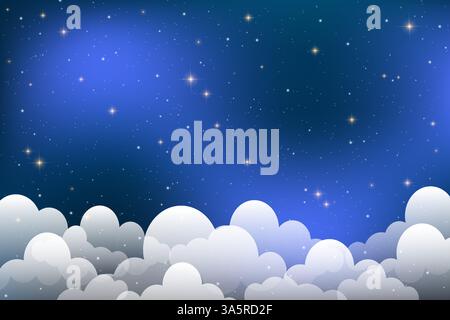 Leuchtender Nachthimmel mit funkelnden Sternen, blauem Verlauf und weichen Wolken, die eine magische himmlische Fantasy-Kulisse schaffen. Vektorkosmisch Stock Vektor