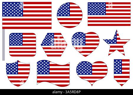 USA-Flaggensymbol in verschiedenen Formen isoliert auf weißem Hintergrund Stock Vektor