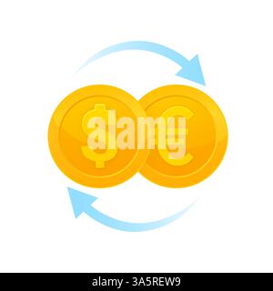 Flache Illustration mit goldenem Wechselkurs von Dollar in Euro für Konzeptdesign. Vektorabbildung Stock Vektor
