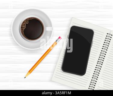 Smartphone-Kaffee und Notebook flach im flachen Stil. Illustration des flachen Vektorzeichens. Geschäftsdarstellung. Home Office. Internet-Technologie. Stock Vektor