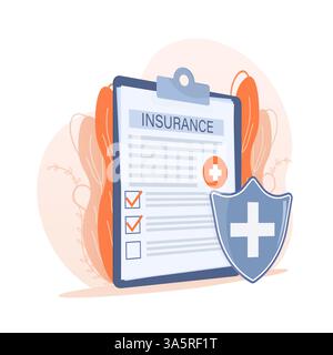 Vektorillustration mit Krankenversicherungskonzept. Großes Klemmbrett mit Arzt und Frau. Gesundheitswesen, Finanzen und medizinischer Dienst. Vektorabbildung Stock Vektor