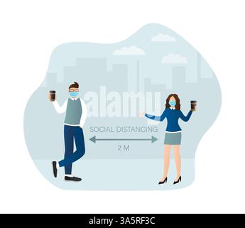 Soziale Distanzierung von Menschen im flachen Stil. Medizinische Prävention. Illustration für medizinisches Design. Vektorabbildung. Stock Vektor