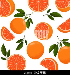 Nahtloses Muster von Orangen mit Blättern, die auf weißem Hintergrund fallen Stock Vektor