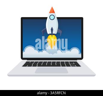 Raketenstart vom Laptop-Bildschirm. Konzept für neues Geschäftsprojekt, Einführung von Produkten oder Dienstleistungen mit Symbolen. Stock Vektor