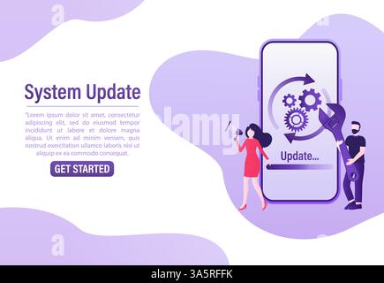 Cartoon-Software aktualisiert Menschen für das Design mobiler Apps. Abbildung des isometrischen Vektors. Design mobiler Anwendungen. Illustration des Technologienetzwerks Stock Vektor