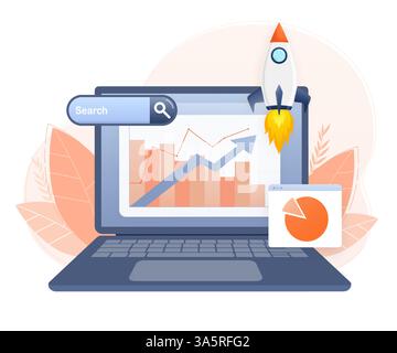 SEO-Optimierung, Webanalysen und seo-Marketing Social-Media-Konzept. Analyse und Überwachung von Geschäftsmitarbeitern auf dem Dashboard-Monitor für Webberichte Stock Vektor