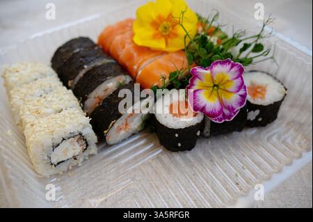 Mischung aus Sushi-Brötchen mit Lachs, Avocado, geräuchertem Aal in einer Lebensmittelverpackung aus Kunststoff. Stockfoto