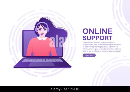 Cartoonfiguren unterstützen Menschen online. Vektor flache Zeichentrickillustration. Psychische Gesundheit. Abstrakter Hintergrund. Isometrische Landing-Page für Callcenter. Stock Vektor