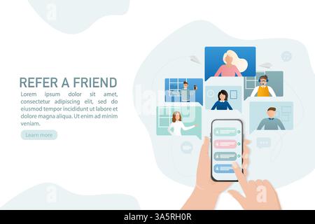 Empfehlen Sie einen Freund in flacher Form. Flache Geschäftsvorlage. Hände halten das Smartphone. Vektorabbildung. Stock Vektor