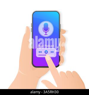 Smartphone-Podcast im 3D-Stil. Kreatives Cover-Design. Modernes Konzept für die Benutzeroberfläche der mobilen App. Medientechnologie. Konzeptvektor der Online-Technologie Stock Vektor