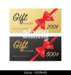 Grußkarte. Vintage-Coupon-Ticketkarte. Bannerband mit goldenem Geschenkgutschein auf goldenem Hintergrund für Konzeptdesign. Vektordesign-Vorlage. Geschenk Stock Vektor