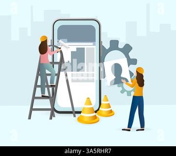 Wohnung im Bau mit Personen für die Website-Gestaltung. Minimales Design. Technologiekonzept. Flache Geschäftsvorlage. Stock Vektor