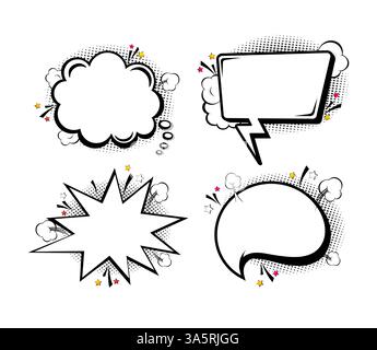 Comic Leere Sprechblasen auf Halbtonpunkten Hintergrund im Retro Pop Art Stil. Vektorabbildung Stock Vektor