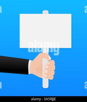 Banner mit schwarzer Hand mit Plakat auf weißem Hintergrund. Posterdesign. Flaches Poster auf schwarzem Hintergrund. Posterdesign. Stock Vektor
