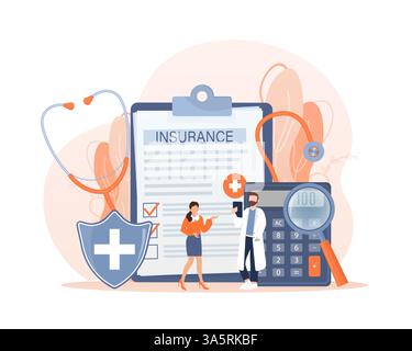 Vektorillustration mit Krankenversicherungskonzept. Großes Klemmbrett mit Arzt und Frau. Gesundheitswesen, Finanzen und medizinischer Dienst. Vektorabbildung Stock Vektor