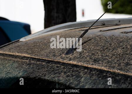 Nahaufnahme von gelbem Sahara-Sand und Regen auf einem schwarzen Auto Stockfoto
