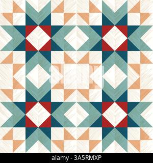 Rustikales Patchwork-Karomuster, nahtloser Quilt-Blockmuster-Hintergrund, mit einfachen Formen, leicht strukturiert, Vektorillustration, blau und bei Stock Vektor