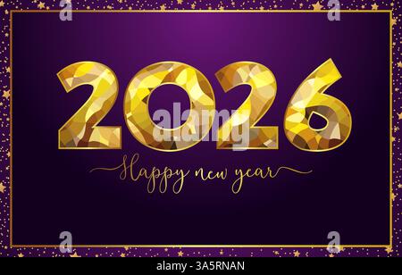 Grußkartendesign für das neue Jahr 2026. Postkartenschablone mit violettem Hintergrund und glänzend goldenem Rahmen. Strukturierte Buntglaselemente. Unternehmen Stock Vektor