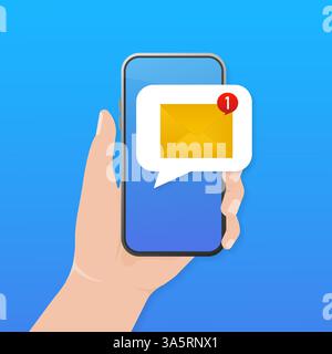 Intelligentes Business-Marketing-Konzept. Flache Illustration mit Smartphone mit Umschlag auf weißem Hintergrund für Marketing-Werbedesign. Stock Vektor