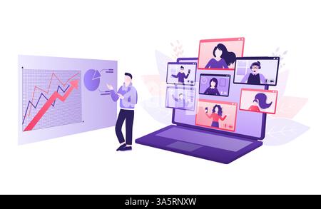 Online-Zeichentrickunterricht für Webdesign. Zeichentrickfigur. Webdesign. Charakter für Web-Marketing-Design. Vektorabbildung. Stock Vektor