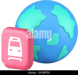 Globale Reise mit dem Zug Eisenbahn Lokomotive Transport 3D Icon realistische Vektor-Illustration. Internationale Eisenbahnfahrt Motor Schienentransport carr Stock Vektor