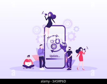 Cartoon-Software aktualisiert Menschen für das Design mobiler Apps. Abbildung des isometrischen Vektors. Design mobiler Anwendungen. Illustration des Technologienetzwerks Stock Vektor