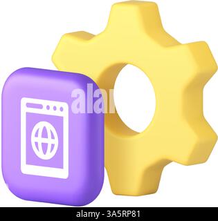 Computer-Browser-Einstellungen Option Setup Konfiguration 3D-Symbol realistische Vektordarstellung. Einstellfeld für das Surfen im Internet-Netzwerk, Zahnrad mai Stock Vektor