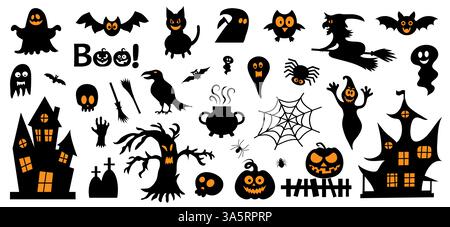Set von Silhouetten von Halloween auf weißem Hintergrund. Vektorgrafik Stock Vektor