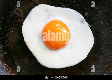 Draufsicht auf ein sonniges Ei, das in einer Pfanne gebraten wird Stockfoto